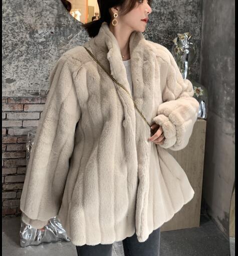 Women's Jacket Rabbit Fur Mid Length Loose Coat Stand Collar Cardigan Occident
