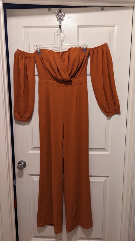 Women's Jumpsuit Brown Flare Leg Off Shoulder Balloon Sleeves Pleated Bodice