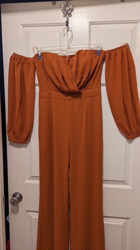 Women's Jumpsuit Brown Flare Leg Off Shoulder Balloon Sleeves Pleated Bodice