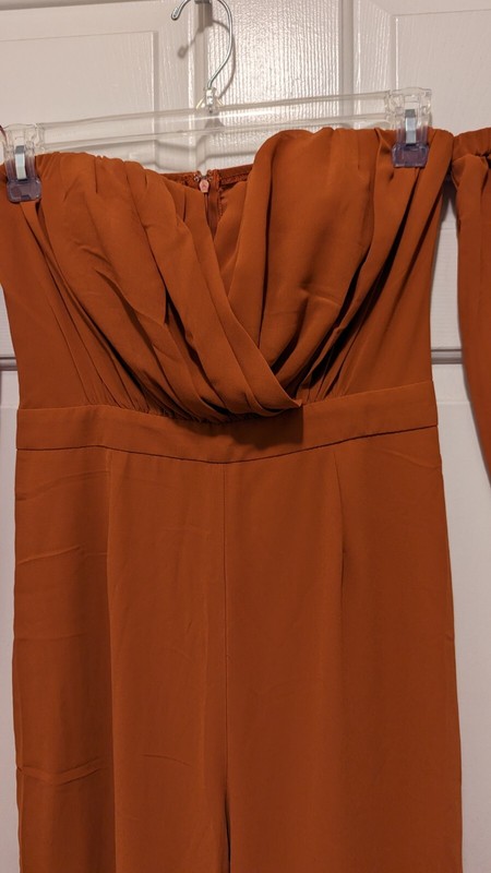 Women's Jumpsuit Brown Flare Leg Off Shoulder Balloon Sleeves Pleated Bodice