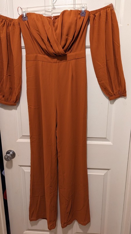 Women's Jumpsuit brown flare Leg off shoulder balloon sleeves pleated bodice