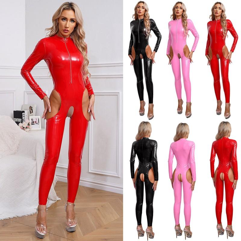 Women's Jumpsuit Long Sleeve Leotard Crotchless Catsuit Stand Collar Rompers