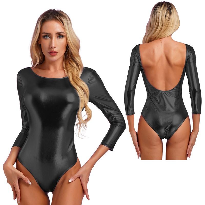 Women's Jumpsuit Shiny Catsuit Slim Fit Rompers Mock Neck Leotards Party Ballet