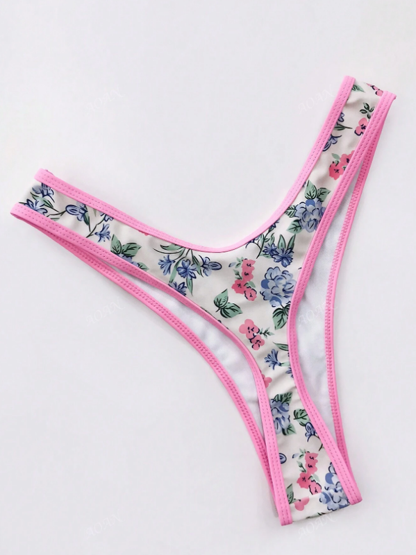Women's Kawaii Soft Pink Floral Flowers Swimwear Cheeky Thong Bikini Swim Set