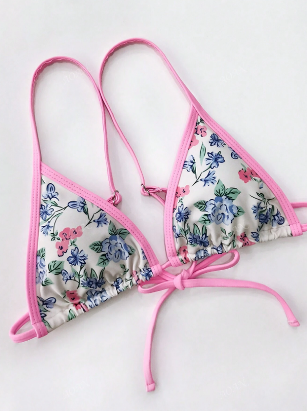 Women's Kawaii Soft Pink Floral Flowers Swimwear Cheeky Thong Bikini Swim Set