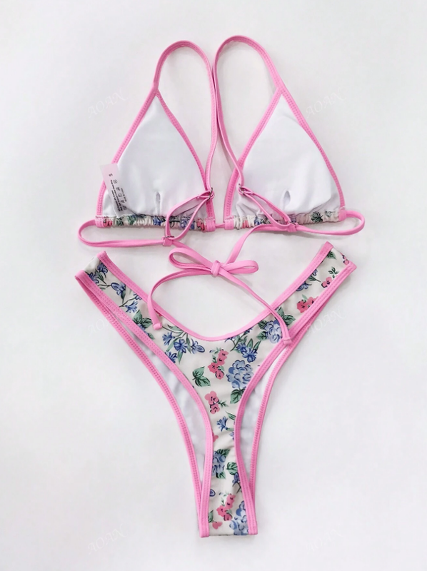 Women's Kawaii Soft Pink Floral Flowers Swimwear Cheeky Thong Bikini Swim Set