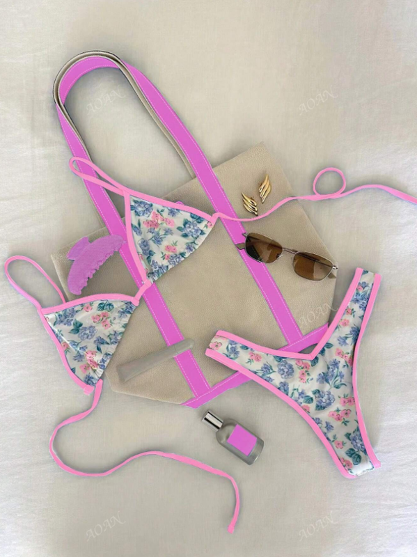 Women's Kawaii Soft Pink Floral Flowers Swimwear Cheeky Thong Bikini Swim Set
