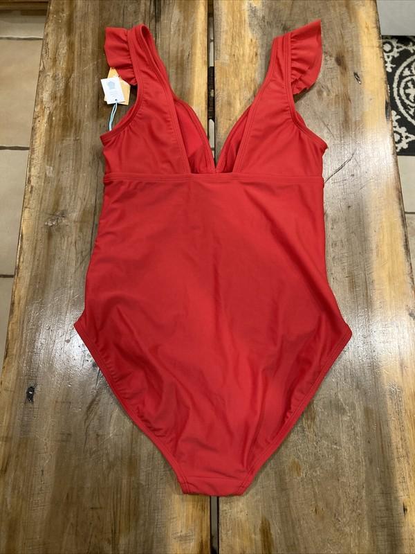 Women’s Kona Sol Red Ruffle High Coverage One Piece Swimsuit Size Large NWT