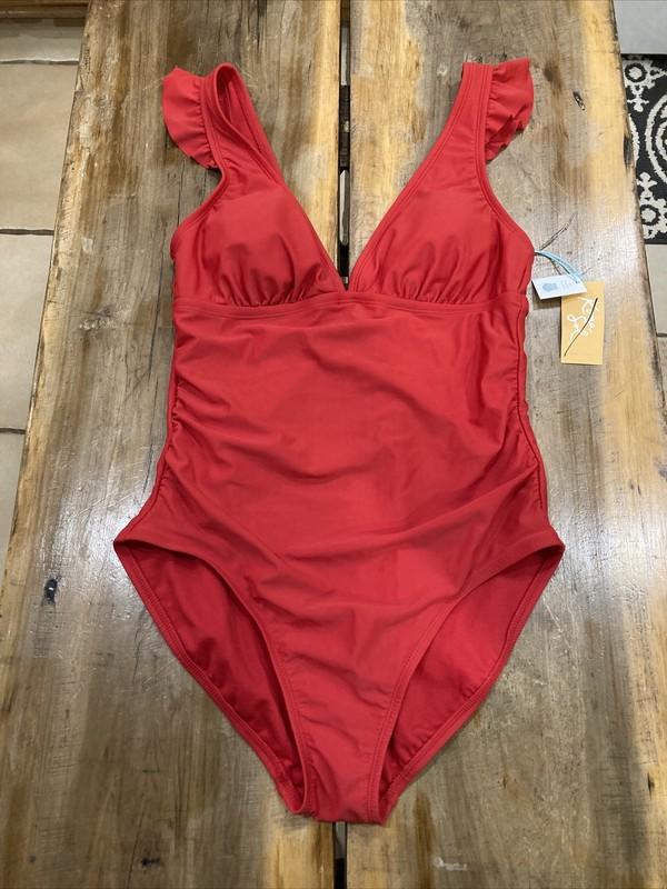 Women’s Kona Sol Red Ruffle High Coverage One Piece Swimsuit Size Large NWT