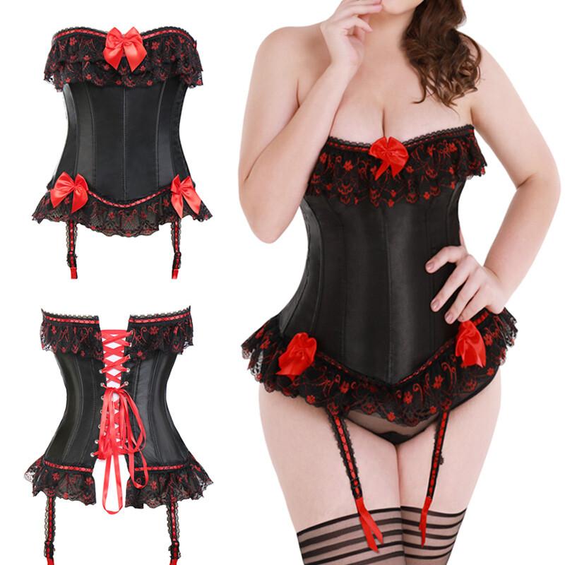 Women's Lace Up Polyester Overbust Boned Waist Training Corset Bustier Lingerie