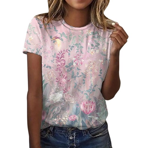 Women's Layering Tees Womens Casual Summer Short Sleeve Crew Neck Floral Printed