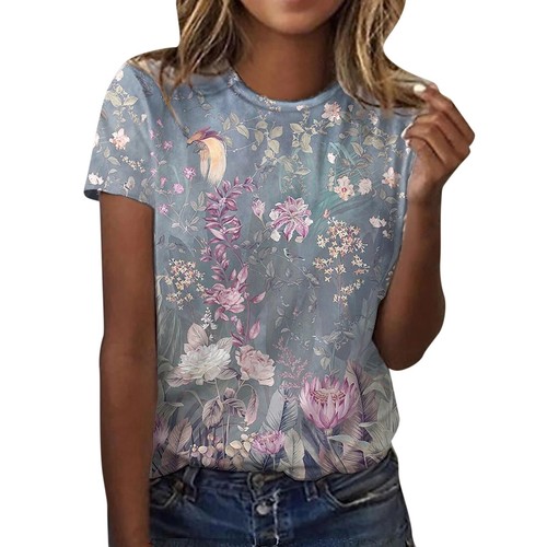 Women's Layering Tees Womens Casual Summer Short Sleeve Crew Neck Floral Printed