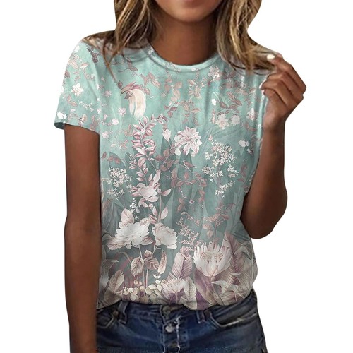 Women's Layering Tees Womens Casual Summer Short Sleeve Crew Neck Floral Printed