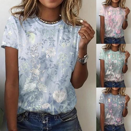 Women's Layering Tees Womens Casual Summer Short Sleeve Crew Neck Floral Printed
