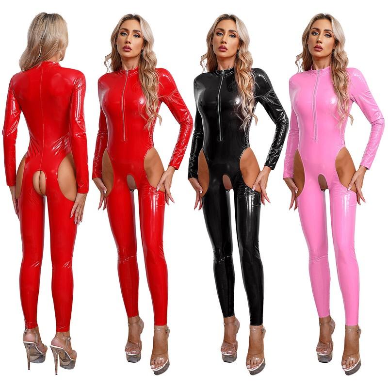 Women's Leotard Patent Leather Bodysuit Wet Look Jumpsuit Full Length Catsuit