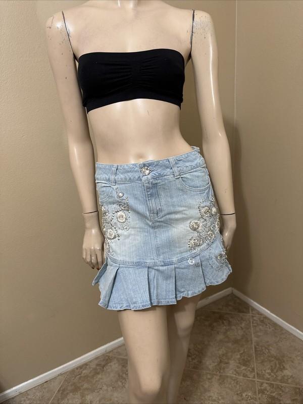 Women’s Light Blue Cotton Denim Casual Stretch Slim Beaded Zipper Size S Skirt