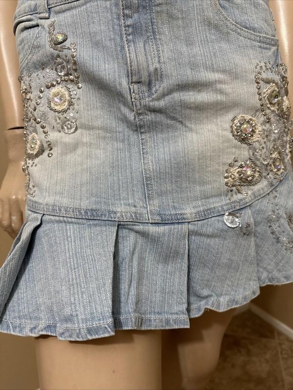 Women’s Light Blue Cotton Denim Casual Stretch Slim Beaded Zipper Size S Skirt