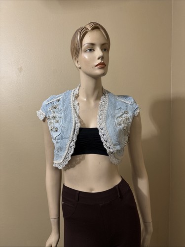 Women’s Light Blue Cotton Denim Casual Stretch Slim Beaded Lace Size S Vest Cape