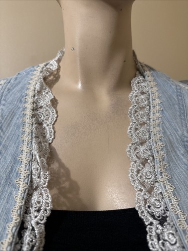 Women’s Light Blue Cotton Denim Casual Stretch Slim Beaded Lace Size S Vest Cape
