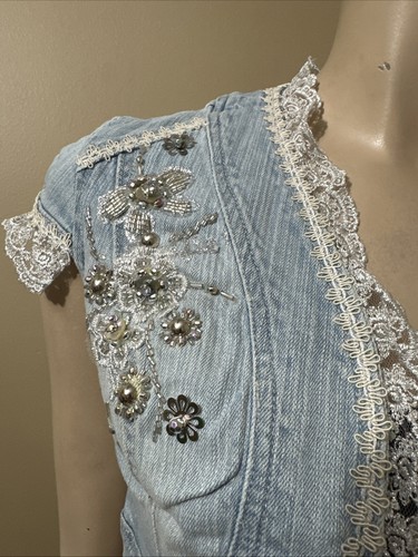 Women’s Light Blue Cotton Denim Casual Stretch Slim Beaded Lace Size S Vest Cape