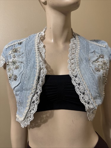 Women’s Light Blue Cotton Denim Casual Stretch Slim Beaded Lace Size S Vest Cape
