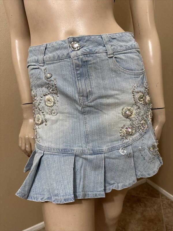 Women’s Light Blue Cotton Denim Casual Stretch Slim Beaded Zipper Size S Skirt