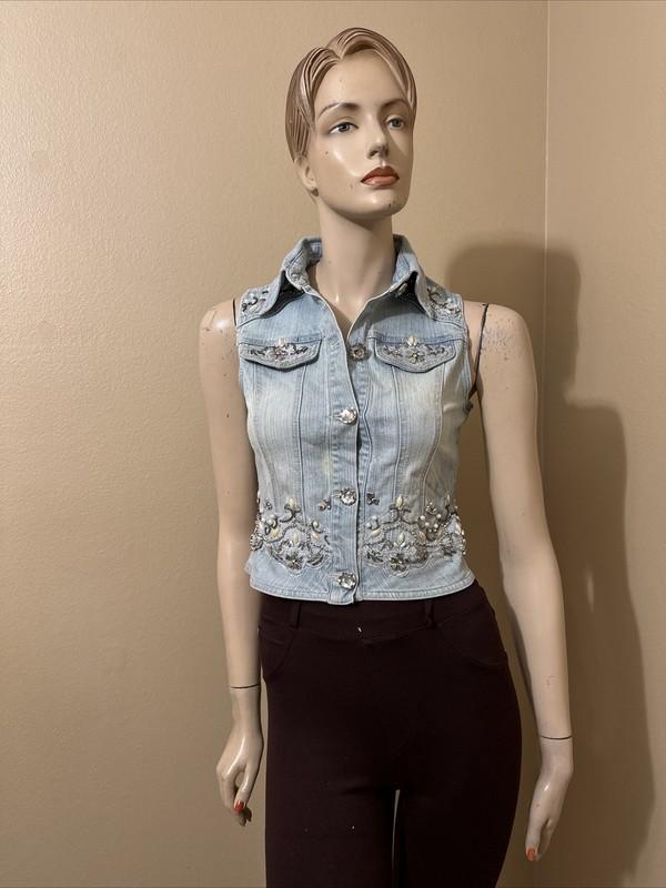 Women’s Light Blue Denim Cotton Casual Stretch Slim Beaded Vintage Size M Vest