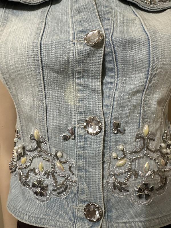 Women’s Light Blue Denim Cotton Casual Stretch Slim Beaded Vintage Size M Vest