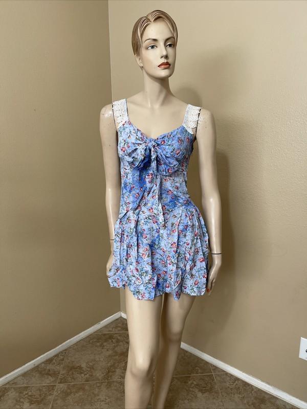 Women’s Light Blue Floral Cotton Casual Opened Lace Pleated Zip Size M Sundress