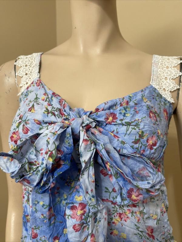 Women’s Light Blue Floral Cotton Casual Opened Lace Pleated Zip Size M Sundress