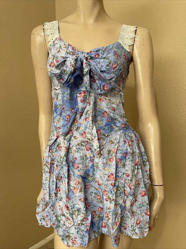 Women’s Light Blue Floral Cotton Casual Opened Lace Pleated Zip Size M Sundress