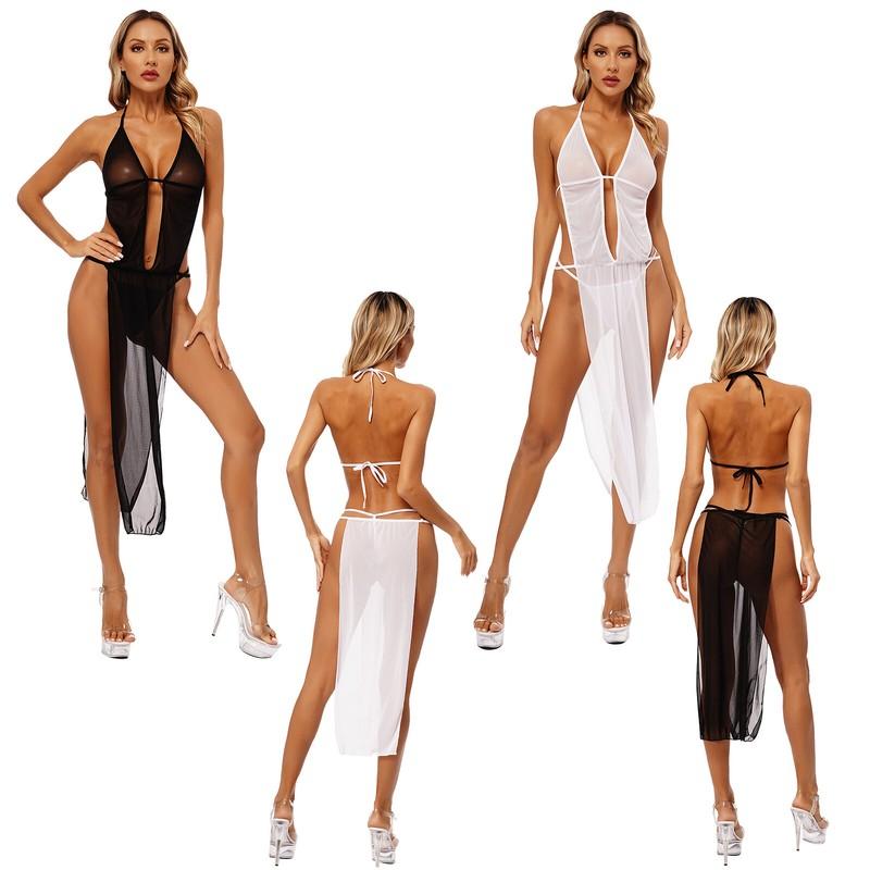 Women's Long Dress Slip Lingerie Mesh See Through Sleeveless Backless Nightdress