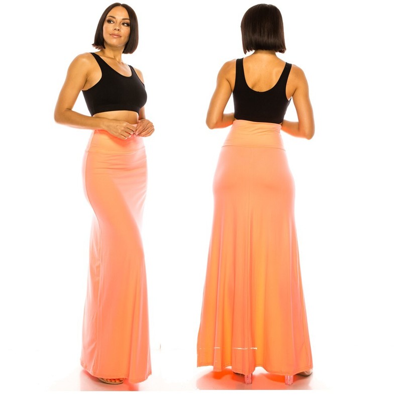 Women's Long Maxi Skirt – Casual Fold Over Elastic Waistband_Soft_Flared Skirt