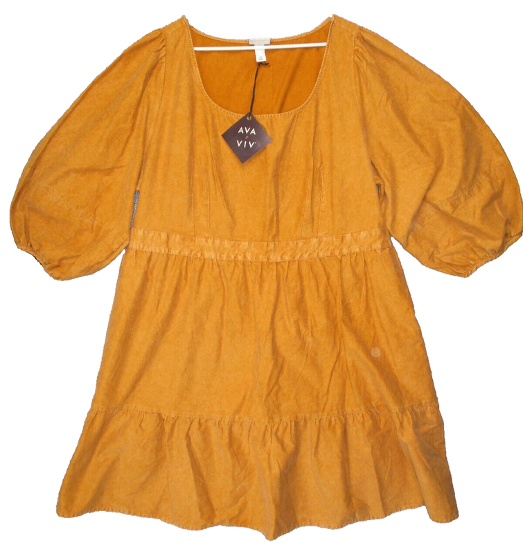Women's Long Sleeve A Line Dress - Ava & Viv Mustard/Yellow/Copper/Brown Size 3X