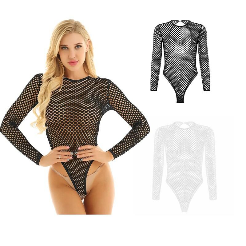 Women's Long Sleeve Fishnet Mesh Sheer Bodysuit Jumpsuit Thong Leotard Linger
