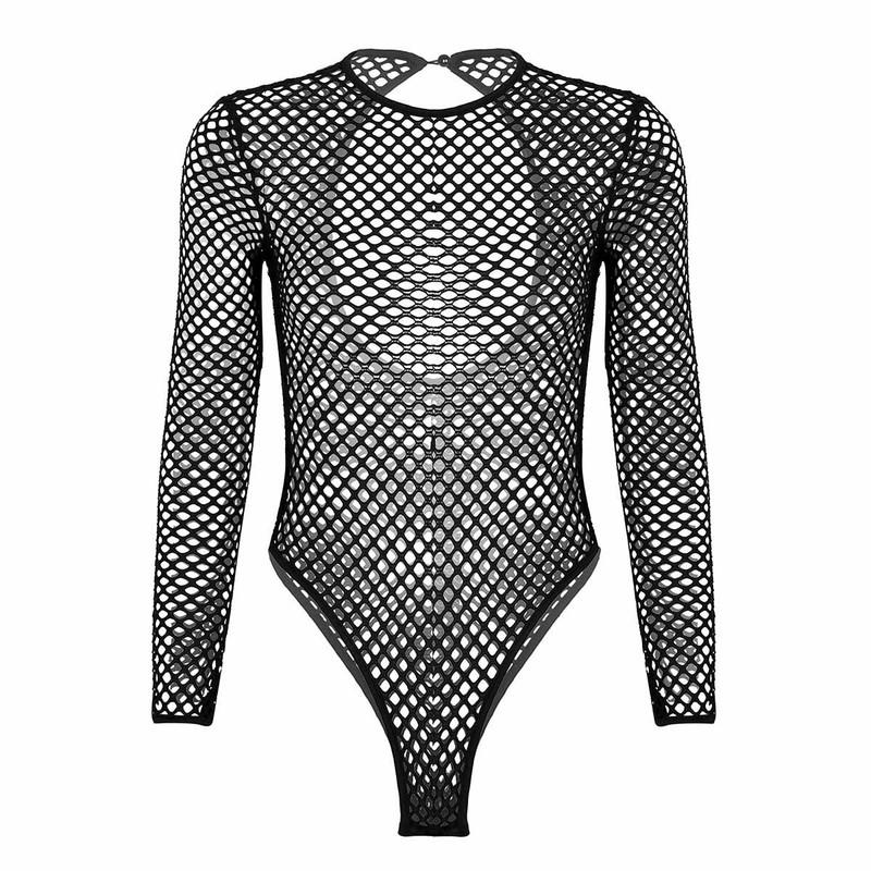 Women's Long Sleeve Fishnet Mesh Sheer Bodysuit Jumpsuit Thong Leotard Linger