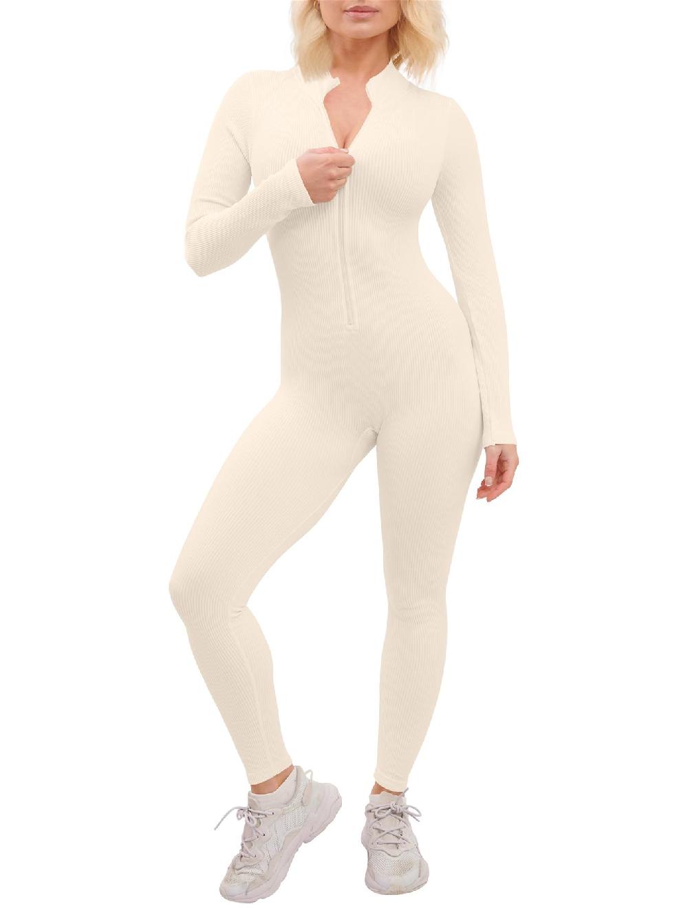 Women's Long Sleeve Ribbed Zip Up Seamless Stretch Jumpsuit Yoga Sports Bodysuit