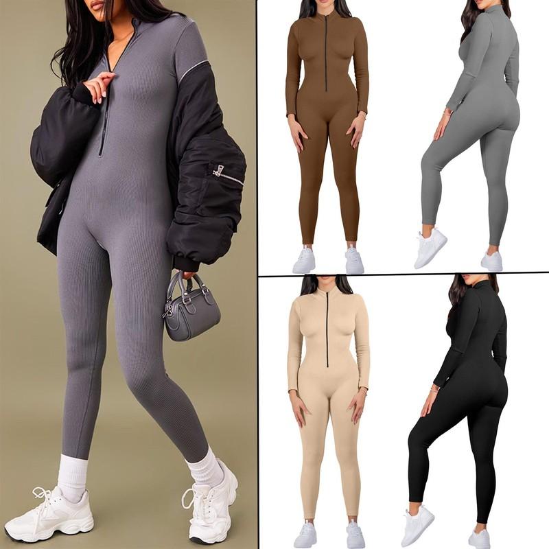 Women's Long Sleeve Ribbed Zip Up Seamless Stretch Jumpsuit Yoga Sports Bodysuit