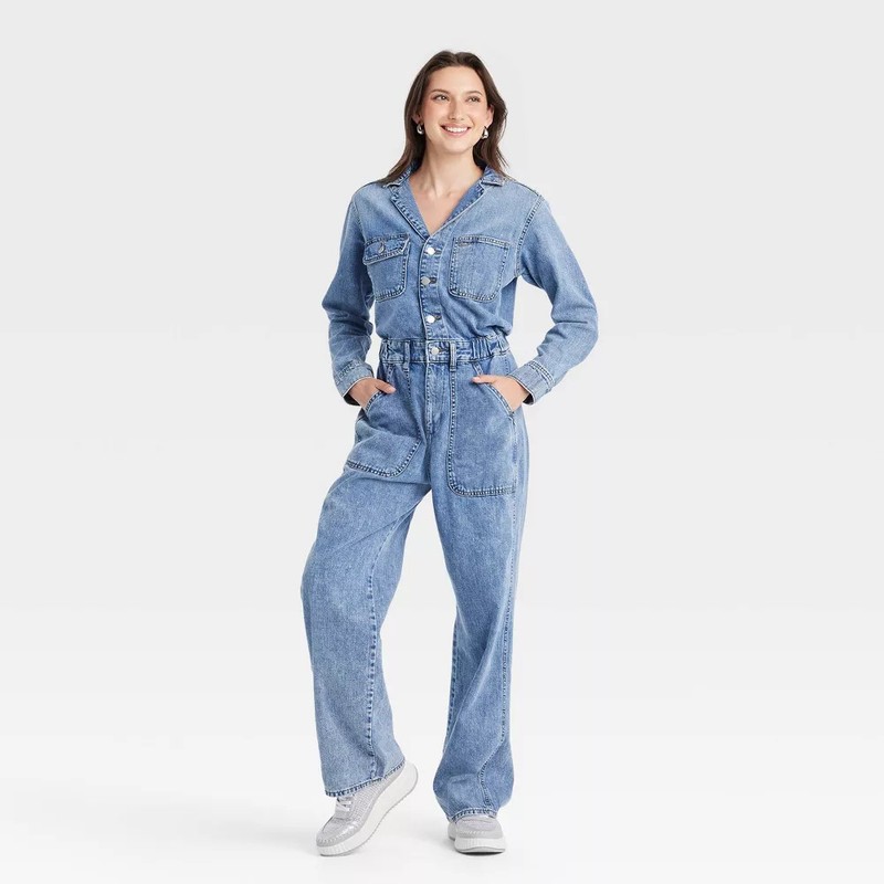 Women's Long Sleeve Utility Baggy Denim Jumpsuit - Universal Thread