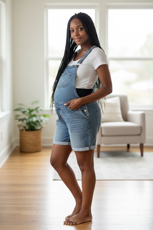 Women’s Maternity Size Medium Short Jean Overalls Blue Denim