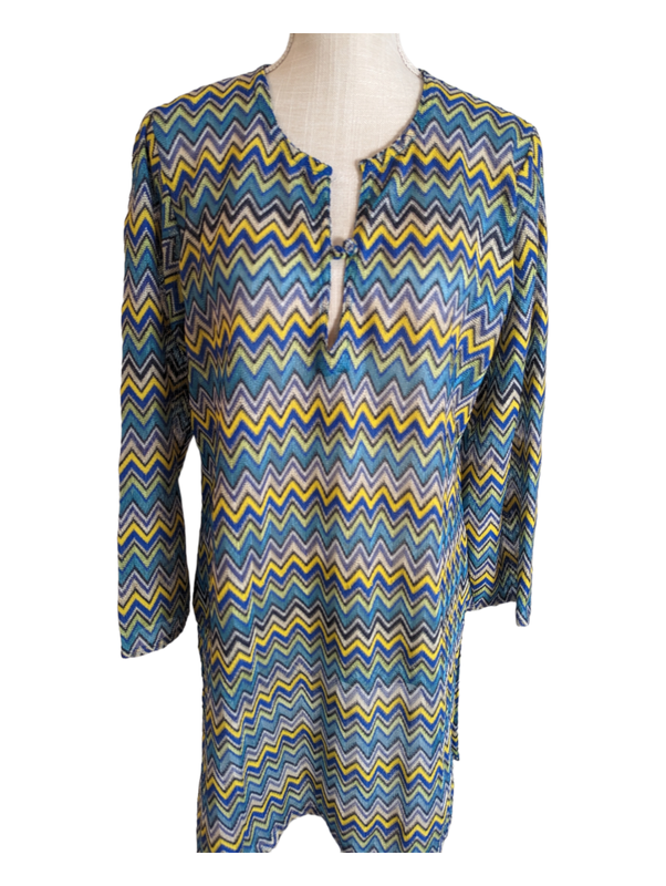 Women's Mesh Chevron Pattern Blue Yellow Beach Swimsuit Cover-up SZ M