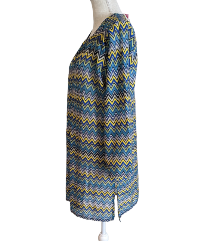 Women's Mesh Chevron Pattern Blue Yellow Beach Swimsuit Cover-up SZ M