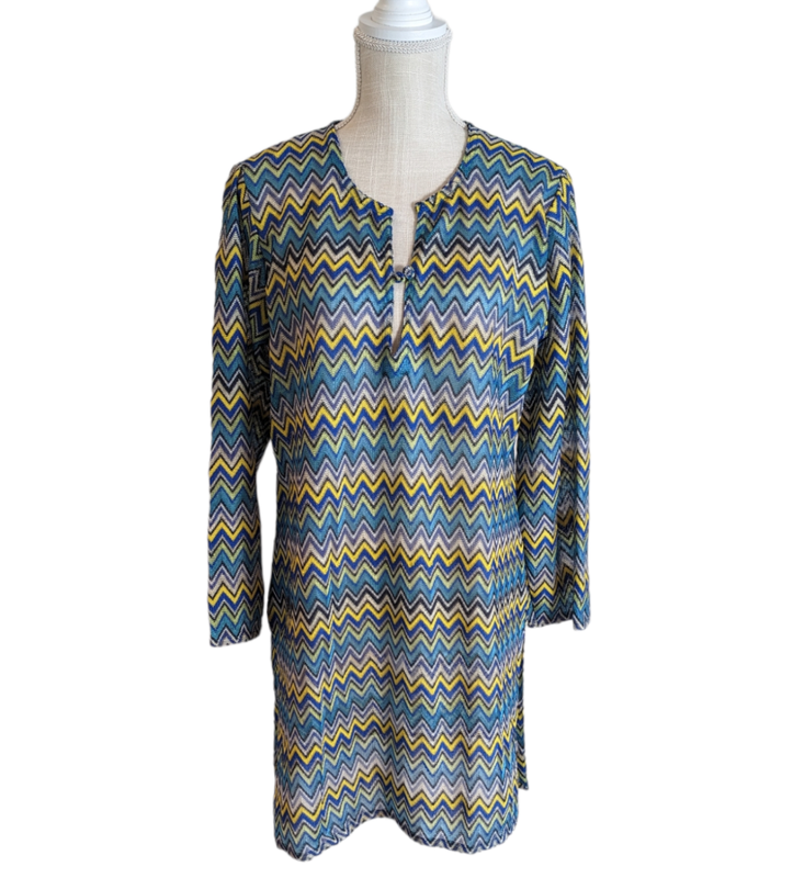 Women's Mesh Chevron Pattern Blue Yellow Beach Swimsuit Cover-up SZ M
