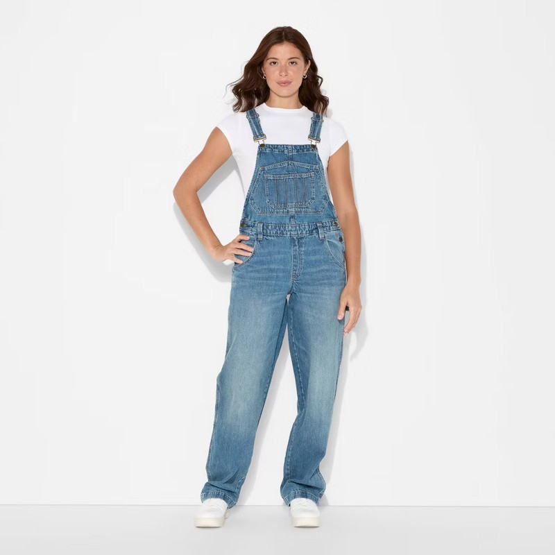 Women's Mid-Rise Denim Baggy Overalls - Wild Fable Medium Wash L