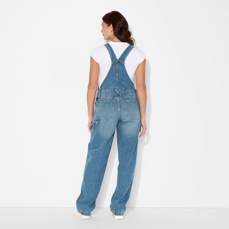 Women's Mid-Rise Denim Baggy Overalls - Wild Fable Medium Wash L