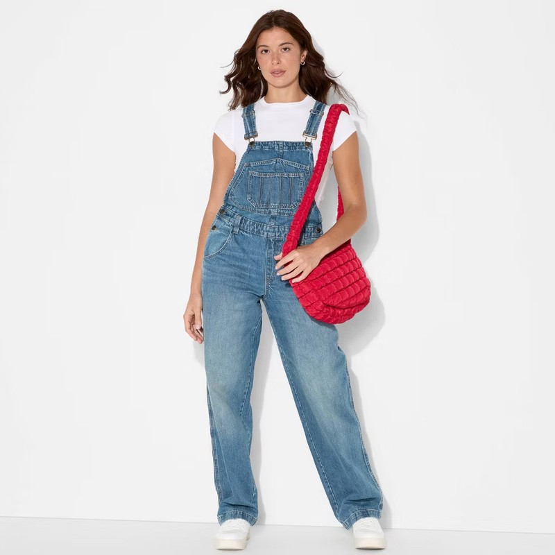 Women's Mid-Rise Denim Baggy Overalls - Wild Fable Medium Wash L