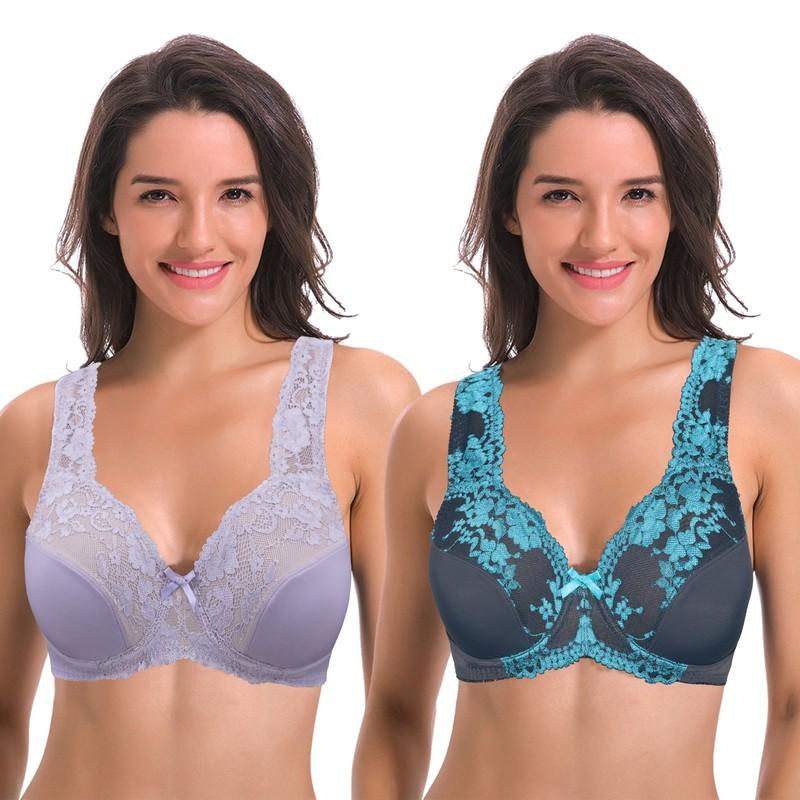Women's Minimizer Unlined Underwire Bra With Lace Embroidery-2 Pack