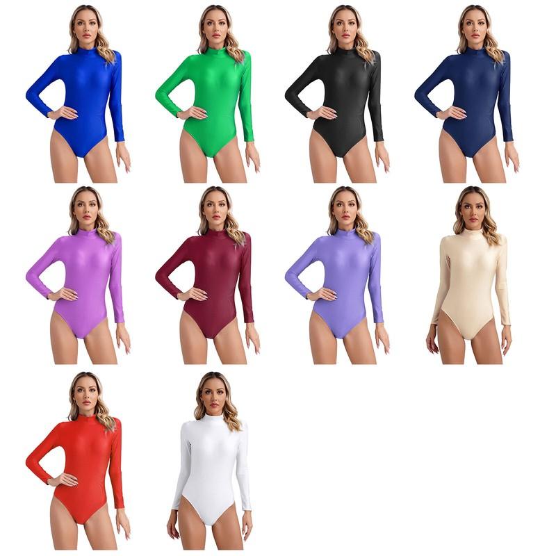 Women's Mock Neck Long Sleeve Bodysuit Zipper Back Stretchy Gymnastics Dancewer