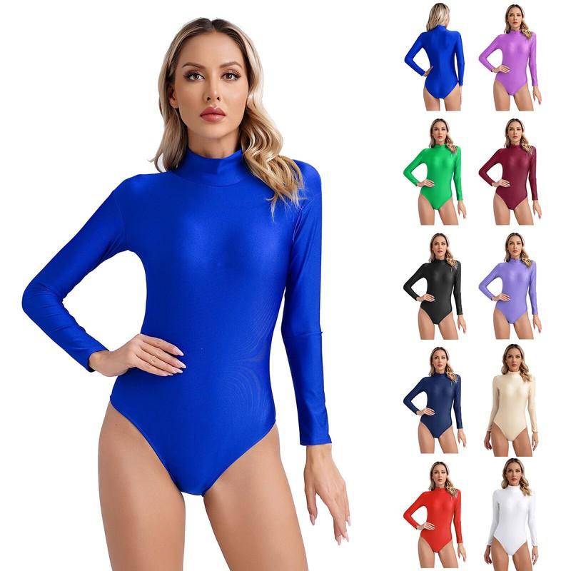 Women's Mock Neck Long Sleeve Bodysuit Zipper Back Stretchy Gymnastics Dancewer