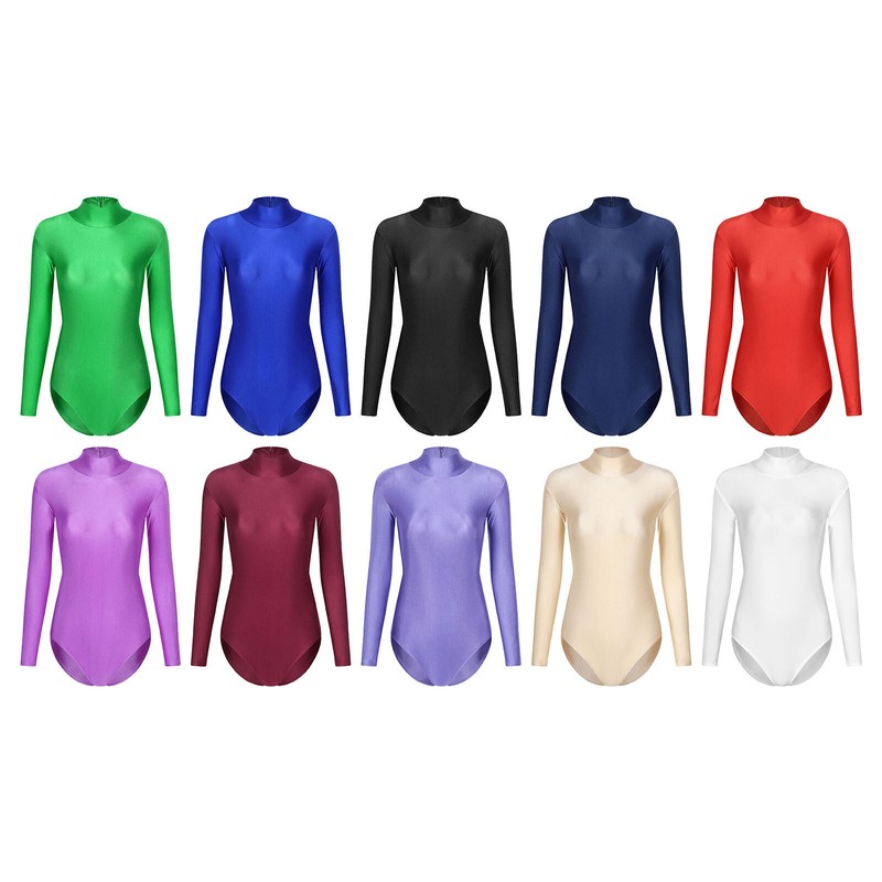 Women's Mock Neck Long Sleeve Bodysuit Zipper Back Stretchy Gymnastics Dancewer